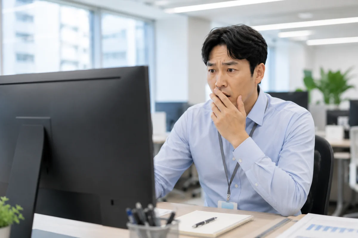 인천 강제추행 합의금 시세|모니터를 보며 당황한 표정의 직장인
