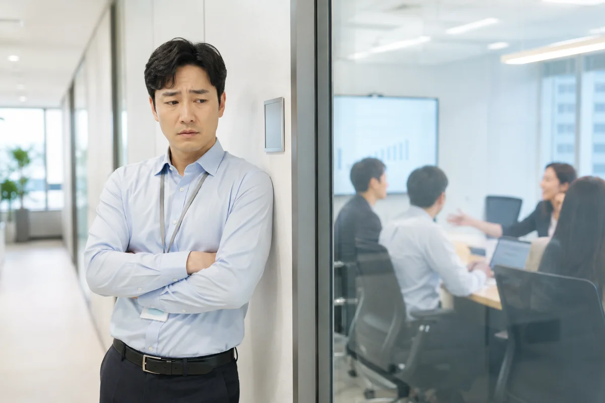 인천 강제추행 합의금 시세|회의실 밖에서 고민에 빠진 표정의 직장인 남성