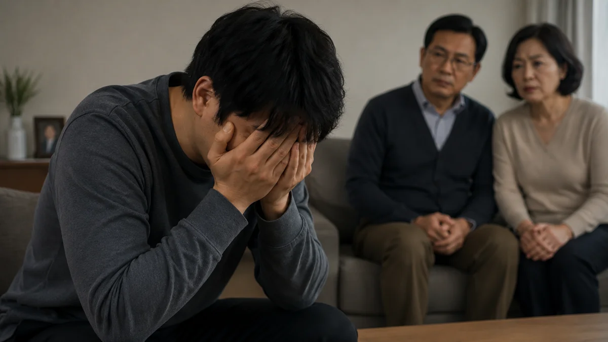 인천 불법촬영물 유포 경찰 조사|얼굴을 감싸 쥐고 괴로워하는 남성과 걱정하는 부모님