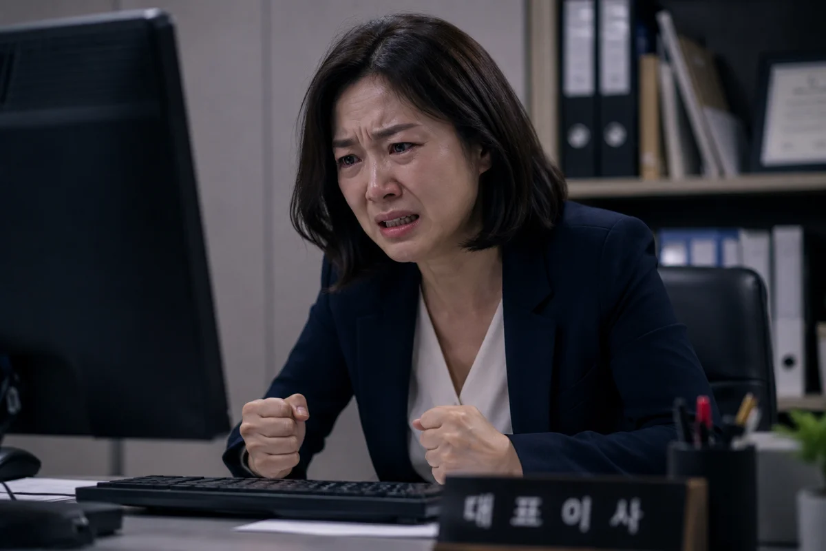 사기죄 경찰조사|모니터를 보며 분노와 슬픔을 느끼는 대표이사