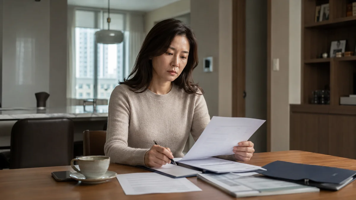 인천 강제추행 무혐의|집에서 진지하게 서류를 검토하며 작성하는 여성